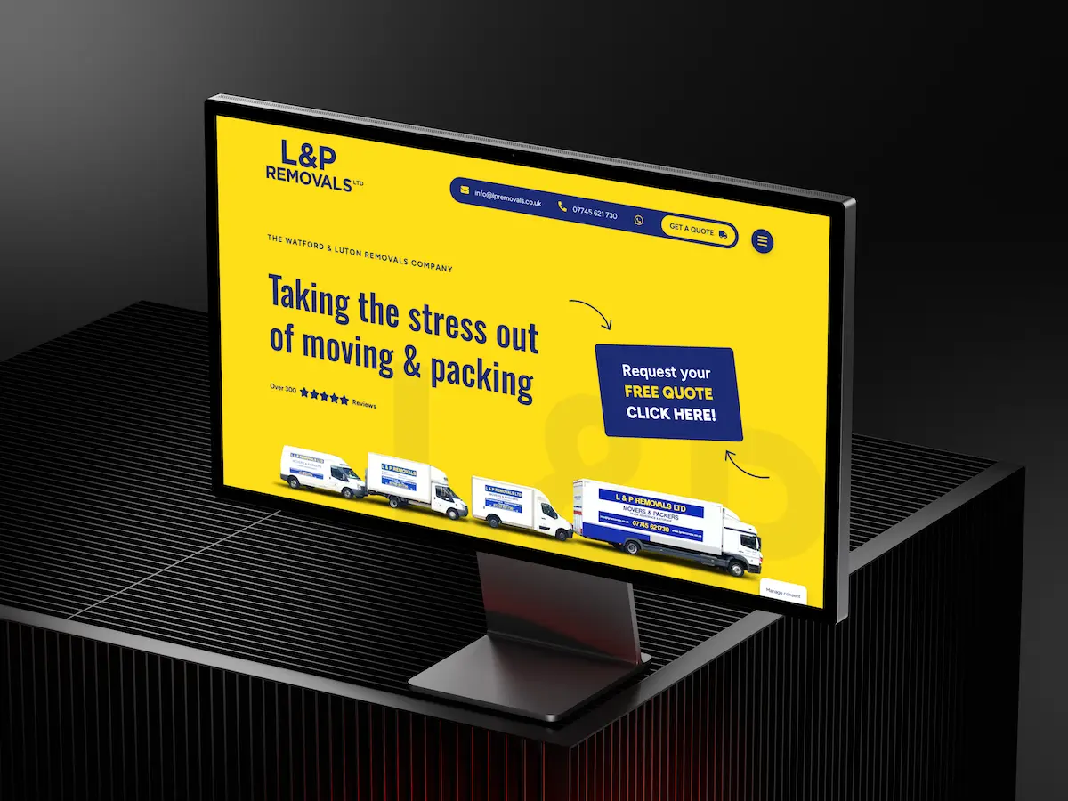 lp mockup large L&P Removals website displayed on a desktop monitor with a bright yellow homepage