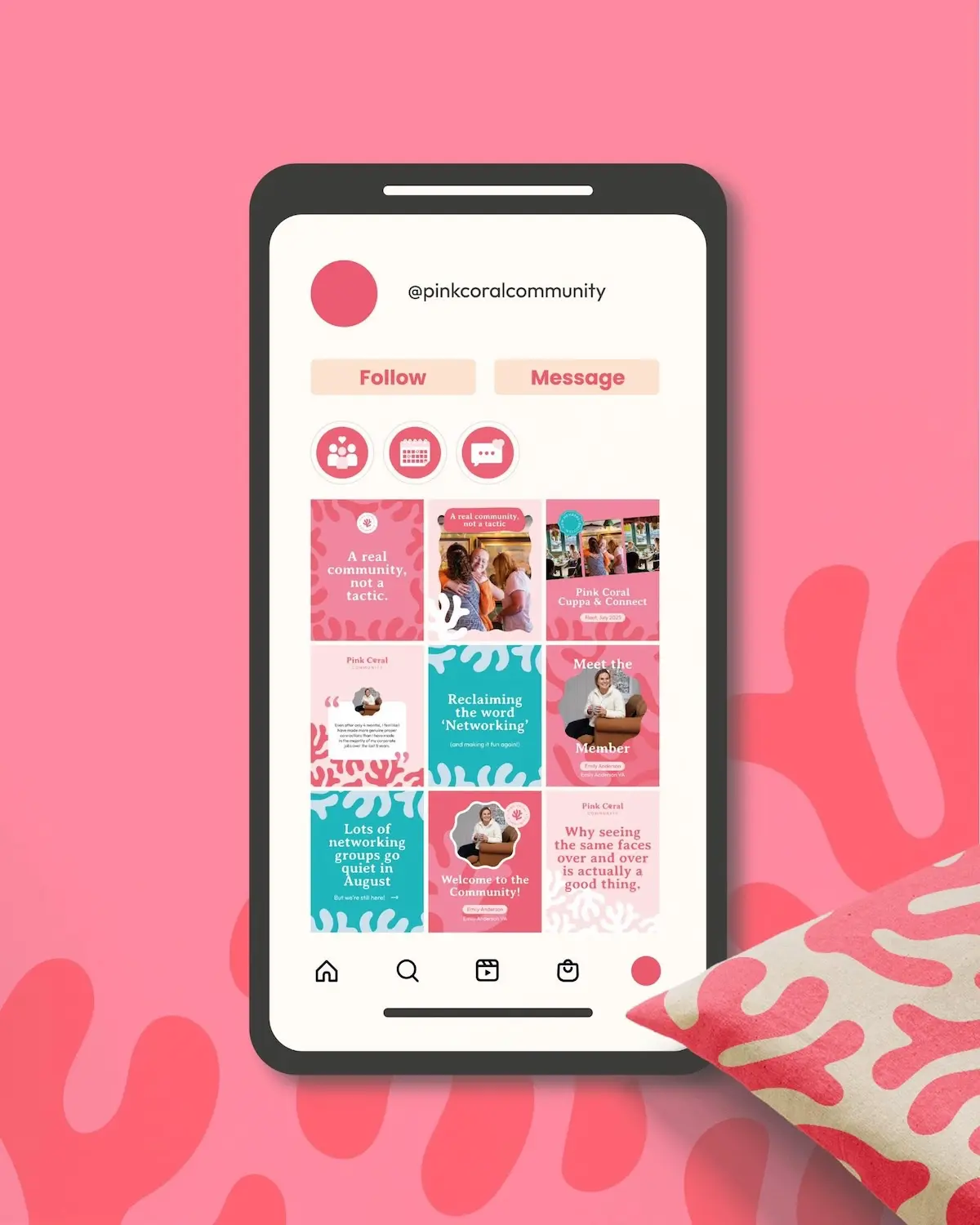 527331265_1141303078029463_3397144690790389137_n Pink Coral Community branding shown on a smartphone with coordinated social media posts