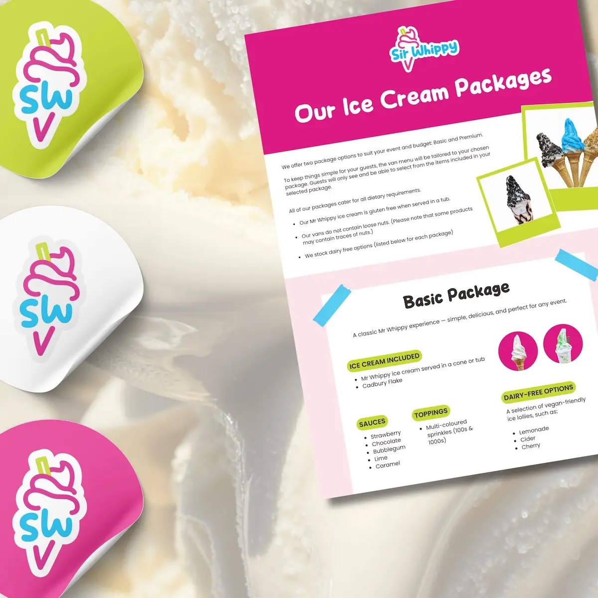 660036844_1332704512222651_7452890365295441598_n Sir Whippy branding with colourful ice cream logos and a package brochure