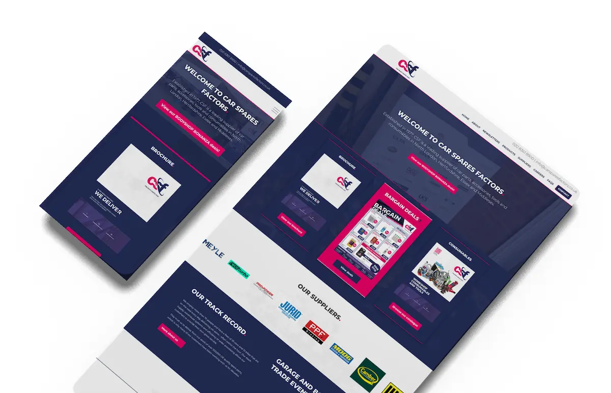 CSF Website Mockup Car Spares Factors website shown in desktop and mobile layouts