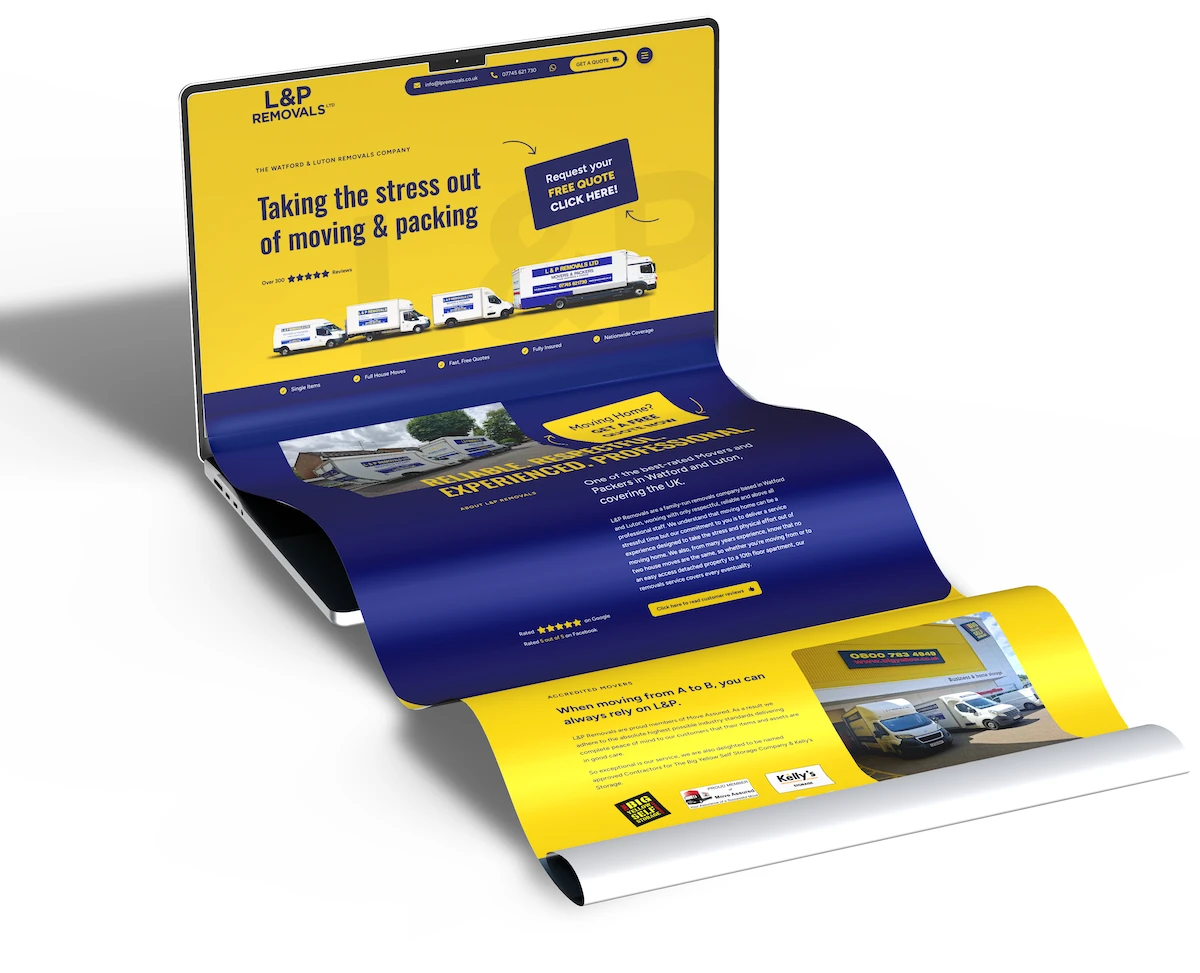 L&P Removals website mockup with yellow and navy pages flowing from a laptop screen