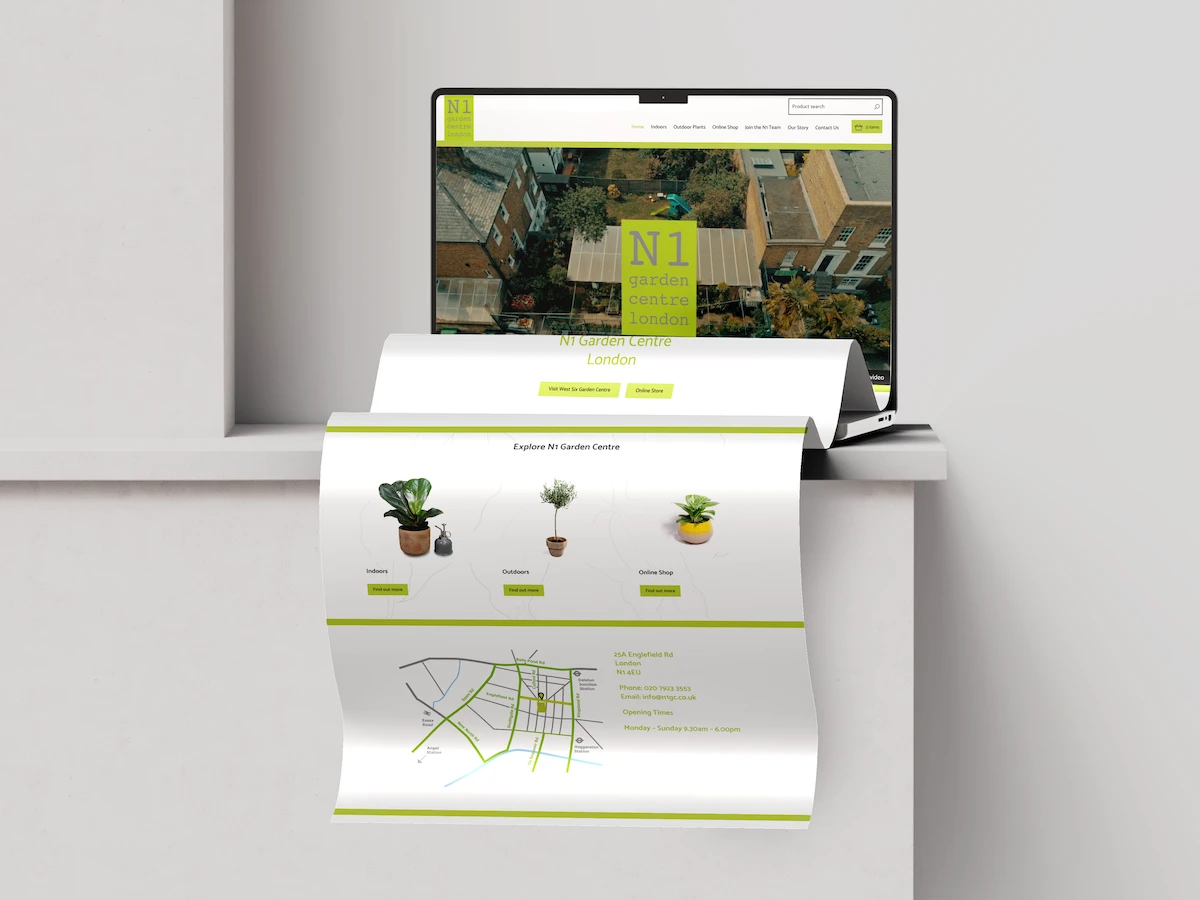 N1 mockup N1 Garden Centre website mockup with green branding, plant categories and a location map