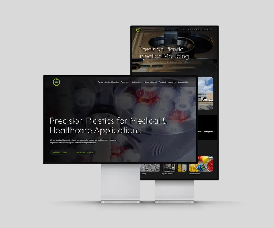 Omnia Technical Plastics website displayed on landscape and portrait desktop monitors