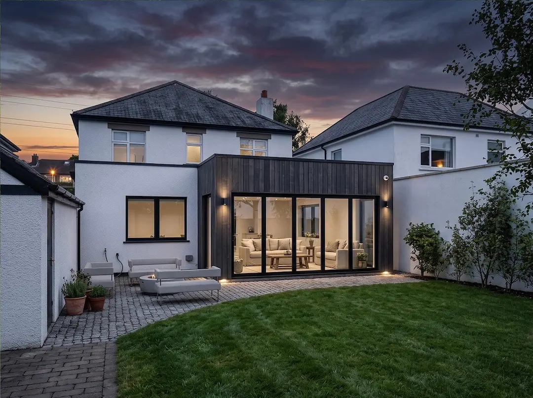 Property-development-opportunities Contemporary rear house extension with full-height glazing overlooking a garden at dusk