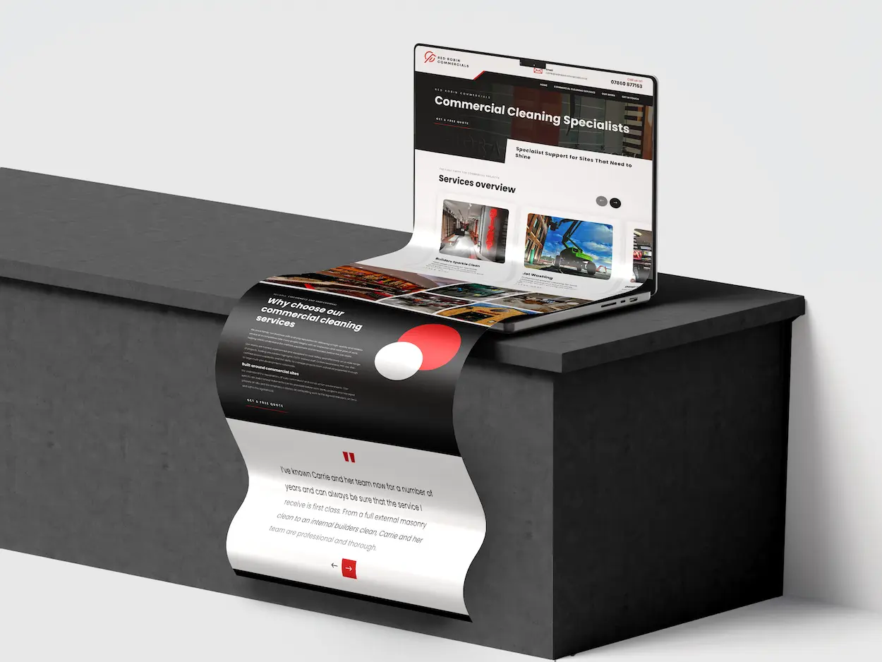 Red Robin Commercials website mockup with black, white and red pages flowing from a laptop