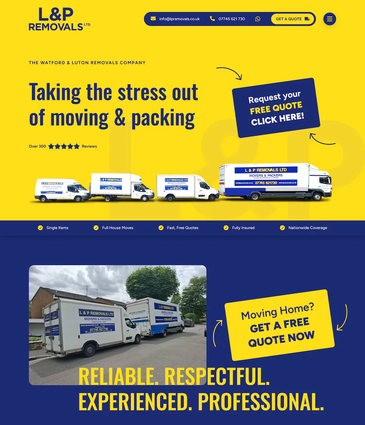 screencapture-lpremovals-co-uk-2026-10-05-20_45_30 L&P Removals homepage with yellow and navy branding, removal vans and quote buttons