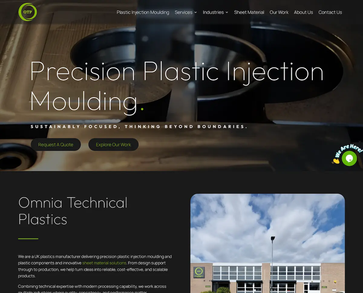 screenshot-20261002202759 Omnia Technical Plastics website with precision injection moulding imagery and green accents